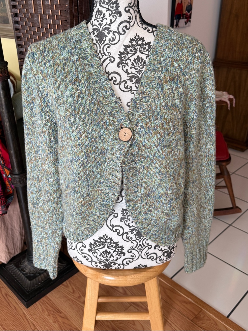 Christopher & Banks Marled Knit Cropped Cardigan Green Blue Wood Button